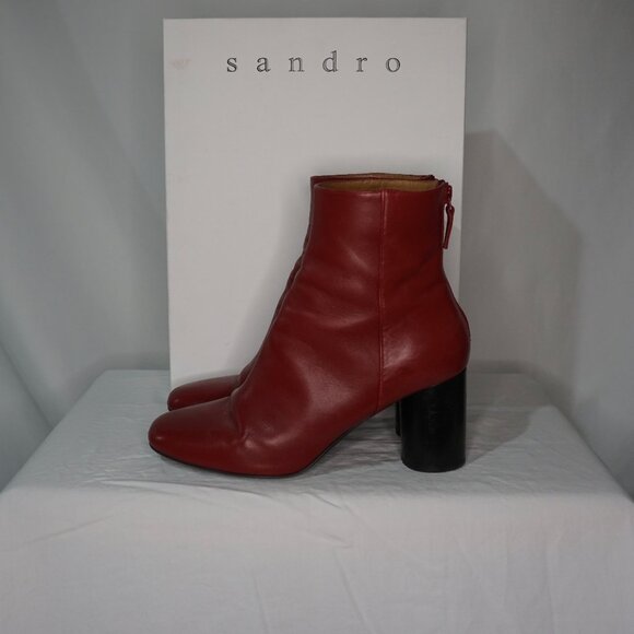 Sandro Sacha Leather Ankle Boots in Rouge - Size 38 - Picture 1 of 11